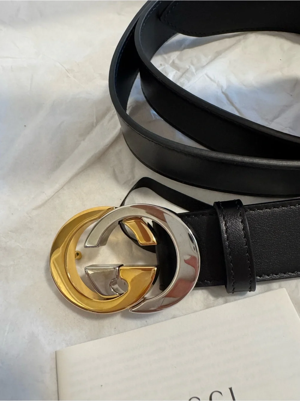 NEW Gucci Interlocking G Black Leather Belt Gold Silver Buckle Style 574807